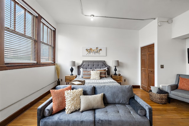 bedroom with hardwood / wood-style flooring and a closet