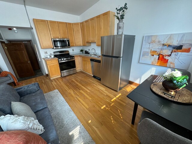 1395 Antietam Ave Unit 57, Detroit, MI 48207 - kitchen featuring stainless steel appliances, lofted ceiling, open floor plan, light wood-style flooring, and a sink