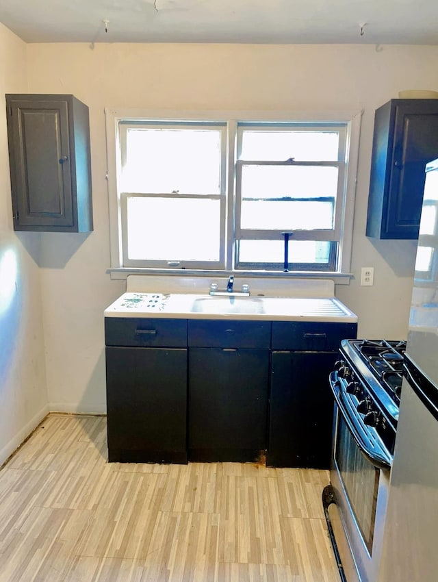 kitchen with stainless steel appliances, a wealth of natural light, and light hardwood / wood-style floors