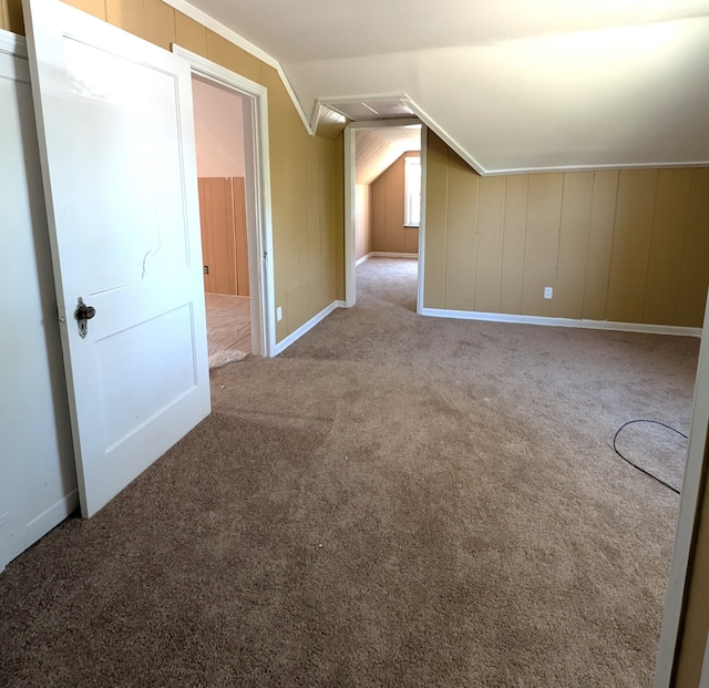 additional living space with light carpet and vaulted ceiling