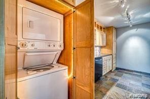527 E University Dr Unit 1108, Rochester, MI 48307 - laundry room with stacked washer and clothes dryer and rail lighting