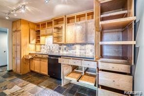 527 E University Dr Unit 1108, Rochester, MI 48307 - kitchen with dishwasher, open shelves, backsplash, and dark stone finish flooring