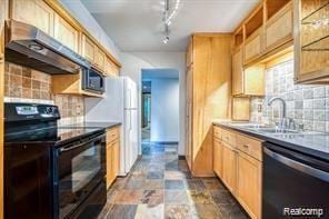 527 E University Dr Unit 1108, Rochester, MI 48307 - kitchen featuring black range with electric stovetop, dishwashing machine, extractor fan, track lighting, and tasteful backsplash