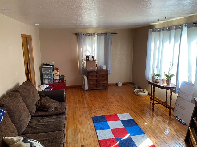 living room with hardwood / wood-style flooring and a textured ceiling