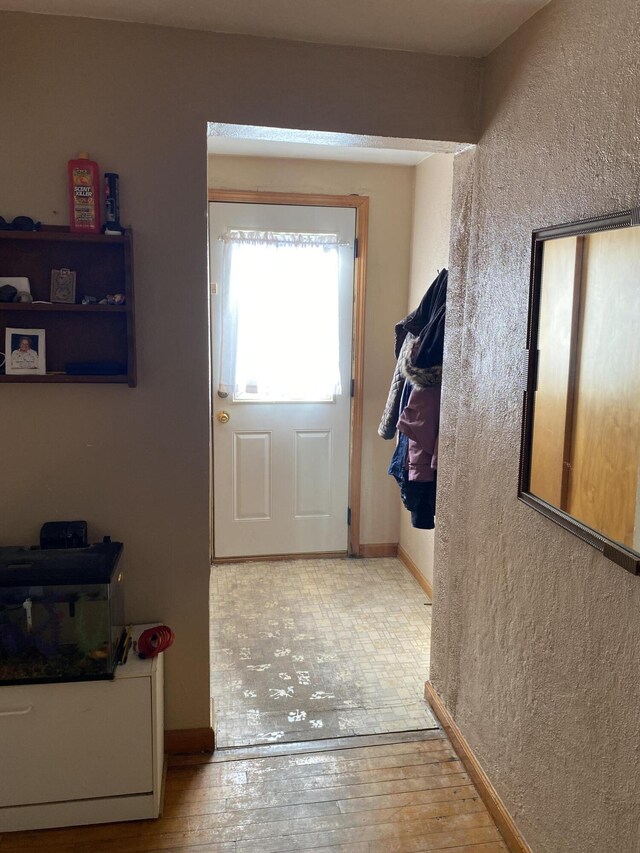 96 Harold St, Grant, MI 49327 - doorway with wood-type flooring, baseboards, and a textured wall