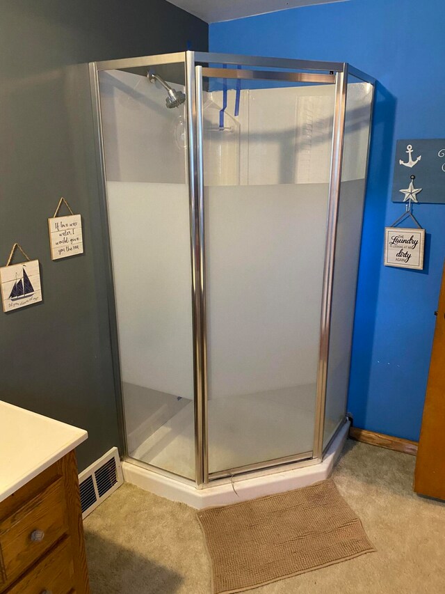 bathroom featuring vanity and walk in shower