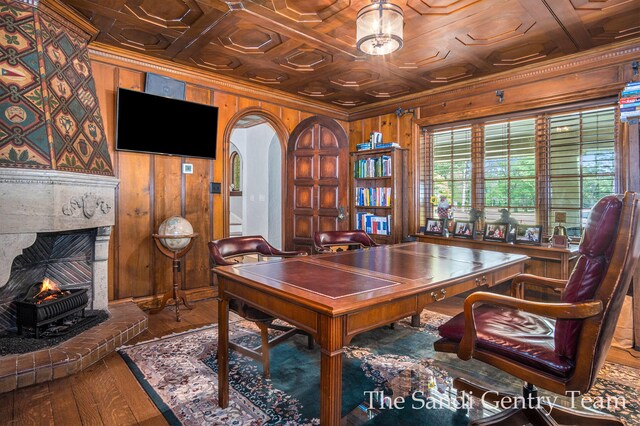 18635 N Fruitport Rd, Spring Lake, MI 49456 - office space featuring wooden walls, hardwood / wood-style floors, ornamental molding, arched walkways, and coffered ceiling
