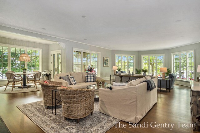 18635 N Fruitport Rd, Spring Lake, MI 49456 - living room with dark wood finished floors and crown molding