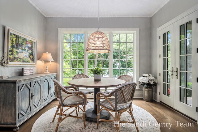 dining room with french doors, a wealth of natural light, and dark wood-type flooring