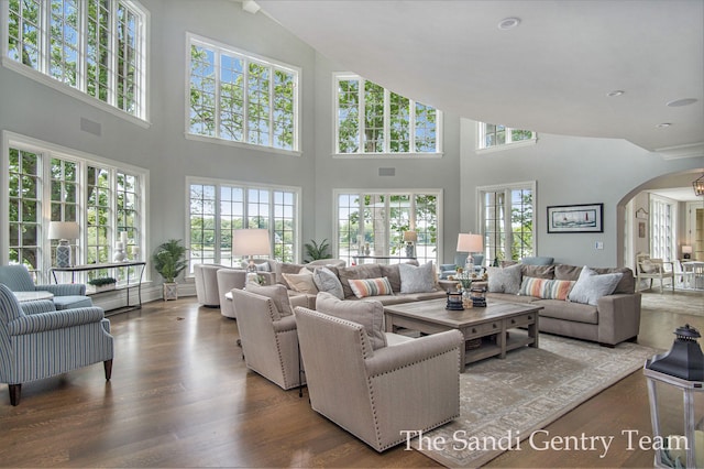 living room featuring hardwood / wood-style floors, a high ceiling, and an inviting chandelier