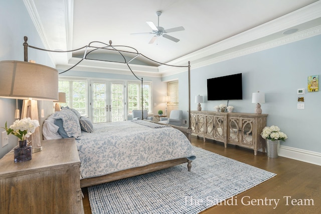 bedroom featuring crown molding, french doors, ceiling fan, and dark hardwood / wood-style floors