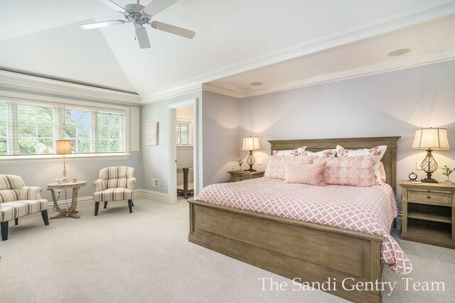 18635 N Fruitport Rd, Spring Lake, MI 49456 - bedroom with carpet flooring, vaulted ceiling, crown molding, baseboards, and a ceiling fan