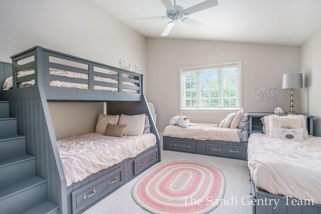 18635 N Fruitport Rd, Spring Lake, MI 49456 - bedroom featuring light carpet, vaulted ceiling, and ceiling fan
