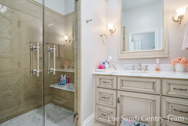 18635 N Fruitport Rd, Spring Lake, MI 49456 - bathroom with vanity, a stall shower, and tile patterned flooring