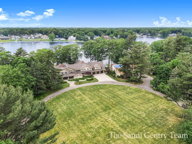 aerial view featuring a water view