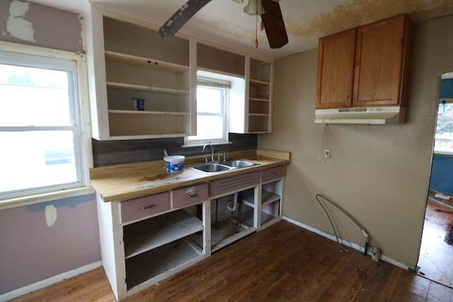 kitchen with ceiling fan, a healthy amount of sunlight, sink, and dark wood-type flooring