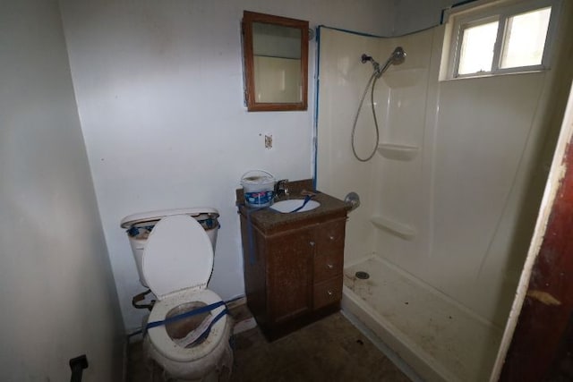 bathroom with a shower, vanity, and toilet