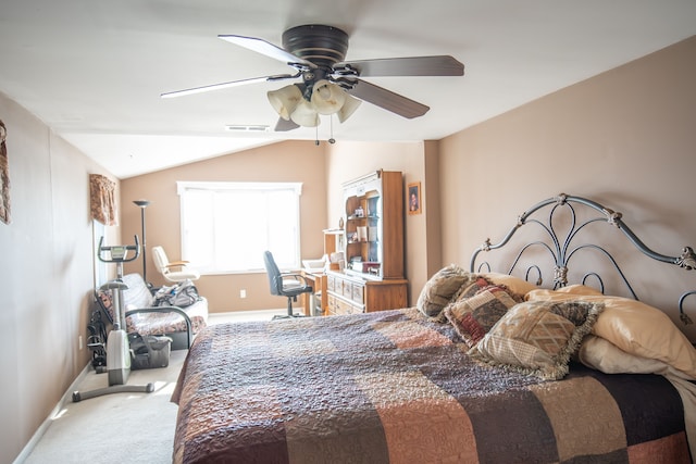 bedroom with carpet flooring, ceiling fan, and lofted ceiling