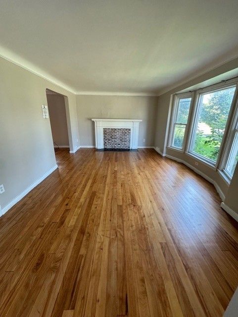 unfurnished living room featuring light hardwood / wood-style floors, ornamental molding, and a fireplace