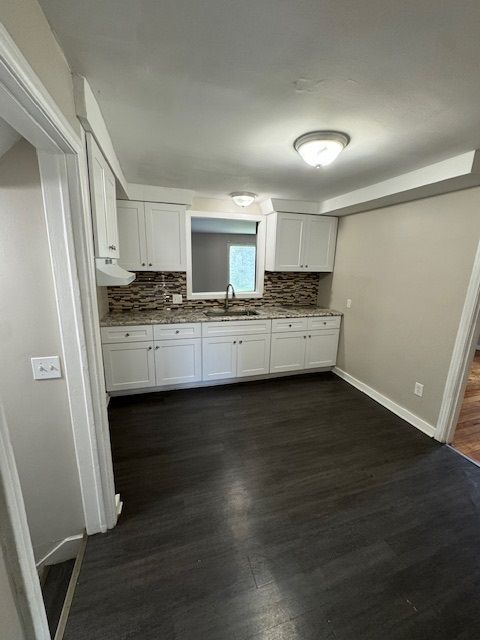 kitchen featuring white cabinets, decorative backsplash, dark hardwood / wood-style flooring, and sink