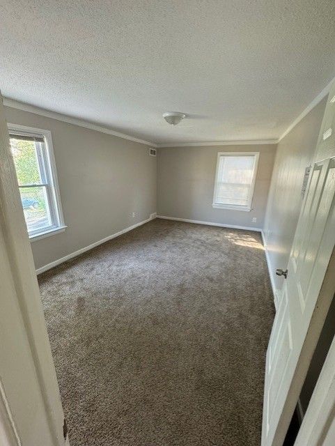 empty room with dark colored carpet, ornamental molding, and a textured ceiling