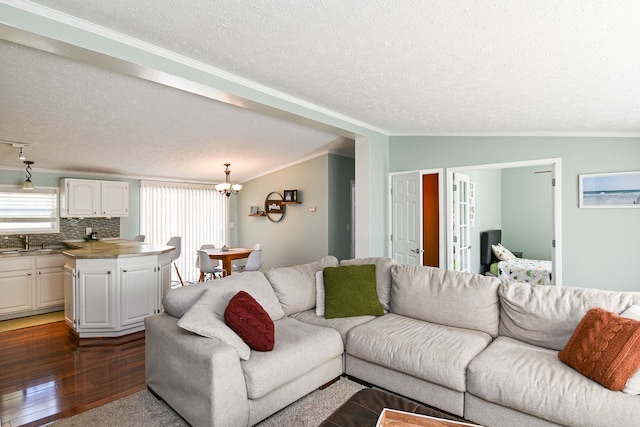 living room with a wealth of natural light, dark wood-type flooring, and a textured ceiling