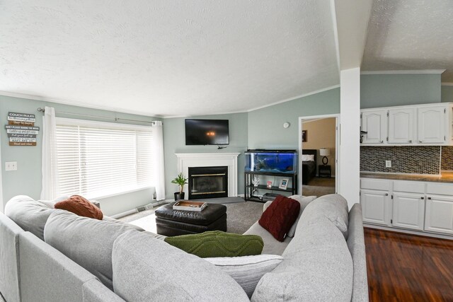 living room featuring a textured ceiling, dark wood-type flooring, vaulted ceiling, and ornamental molding