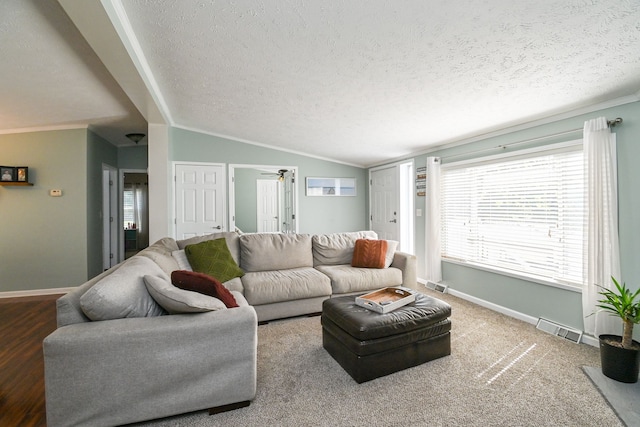 living room with hardwood / wood-style floors, a textured ceiling, crown molding, and lofted ceiling