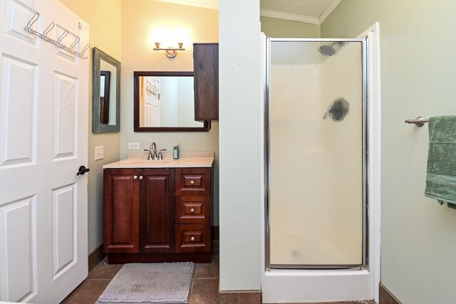 bathroom featuring tile patterned flooring, ornamental molding, walk in shower, and lofted ceiling