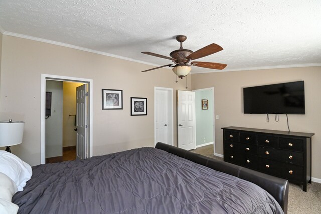 unfurnished bedroom featuring dark colored carpet, ceiling fan, crown molding, and a textured ceiling