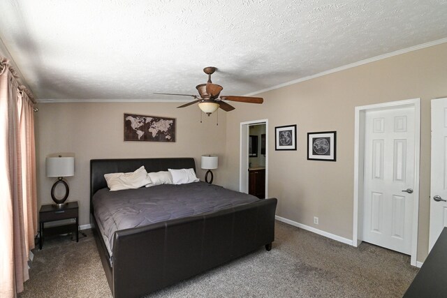 bedroom with carpet flooring, ceiling fan, crown molding, and a textured ceiling