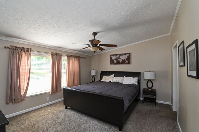 bedroom with carpet, a textured ceiling, vaulted ceiling, and ceiling fan