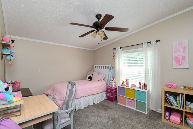 carpeted bedroom featuring a textured ceiling, ceiling fan, lofted ceiling, and ornamental molding