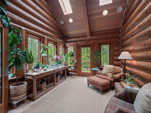 interior space featuring a skylight, wood ceiling, log walls, beam ceiling, and high vaulted ceiling