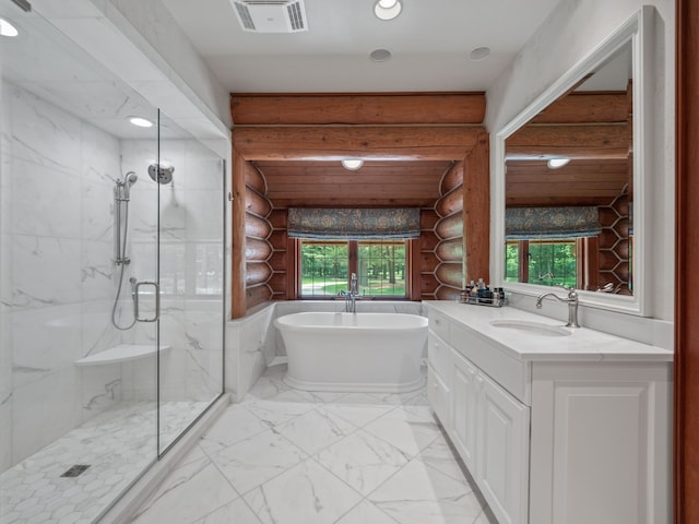 bathroom featuring a wealth of natural light, log walls, and plus walk in shower