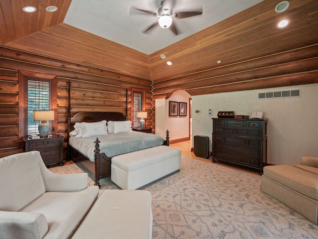 bedroom featuring wood ceiling, ceiling fan, log walls, light hardwood / wood-style floors, and lofted ceiling