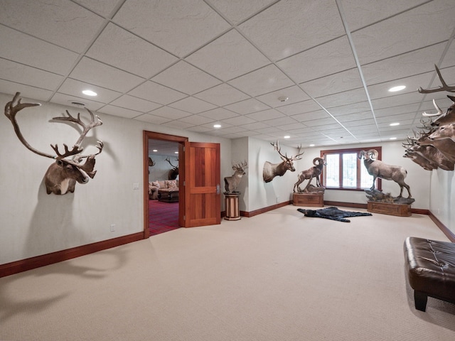 workout room featuring a drop ceiling and carpet floors