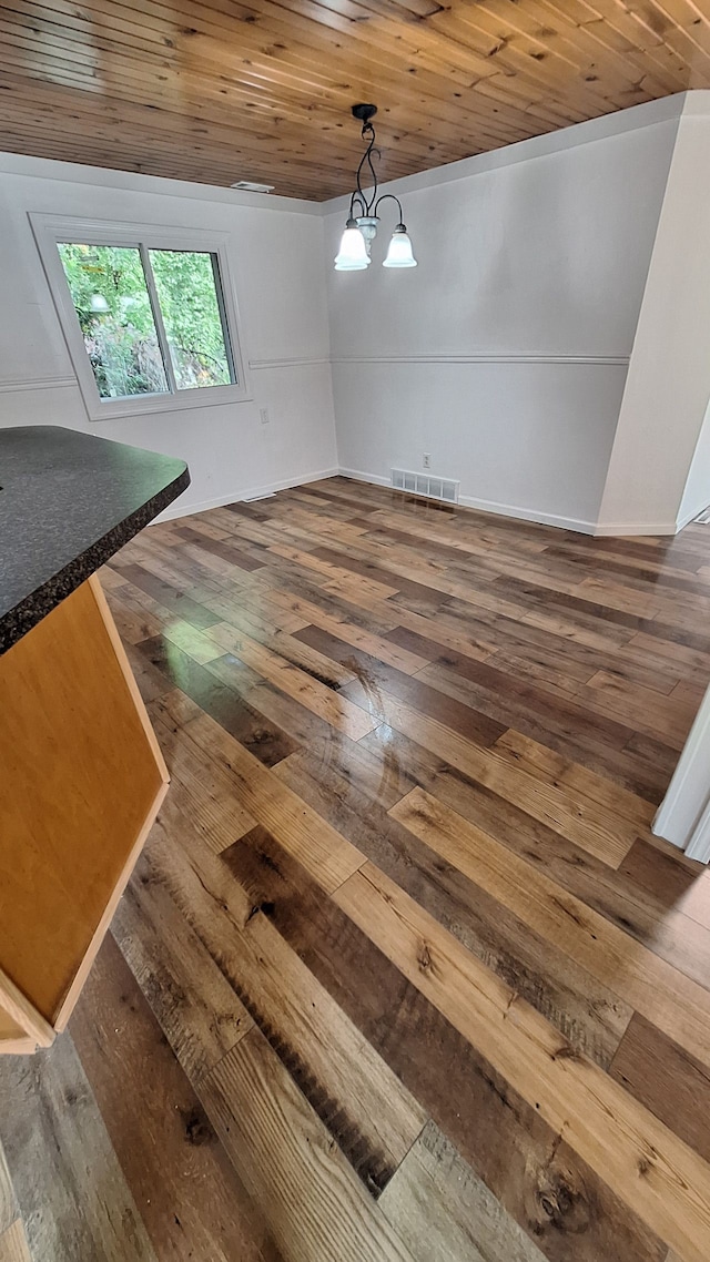 unfurnished dining area with dark hardwood / wood-style floors, wood ceiling, and a chandelier