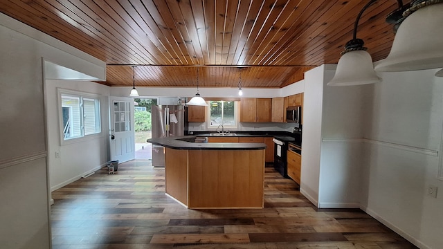 kitchen with decorative light fixtures, a kitchen island, dark hardwood / wood-style flooring, wood ceiling, and stainless steel appliances