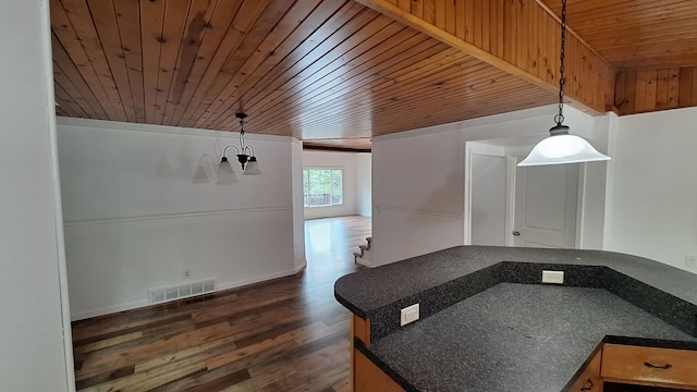 dining room with dark hardwood / wood-style flooring, wooden ceiling, and a notable chandelier