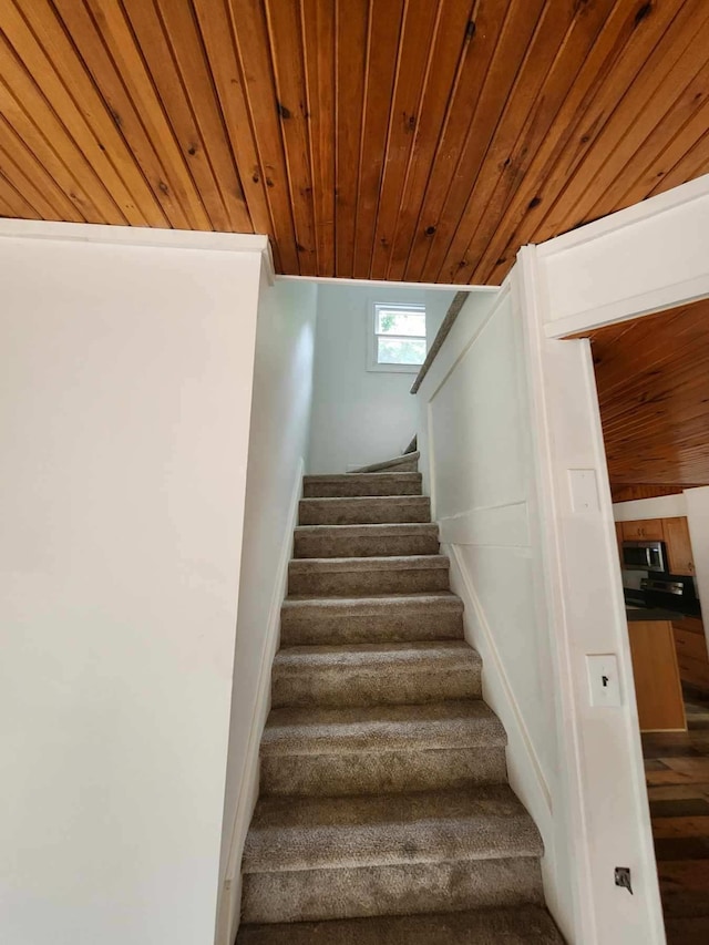 staircase with wooden ceiling and wood-type flooring