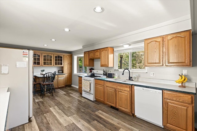 kitchen with a healthy amount of sunlight, dark hardwood / wood-style flooring, white appliances, and sink