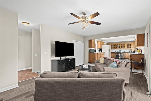 living room with ceiling fan and wood-type flooring