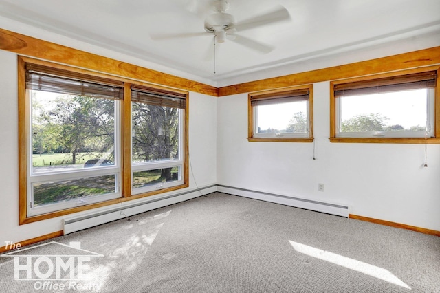 8102 Britton Rd, Perry, MI 48872 - spare room with ceiling fan, carpet, baseboards, and a baseboard heating unit