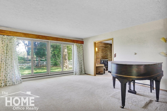 misc room featuring light carpet, a baseboard heating unit, a fireplace, and a textured ceiling