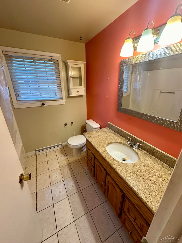 bathroom with tile patterned floors, vanity, toilet, and a baseboard heating unit