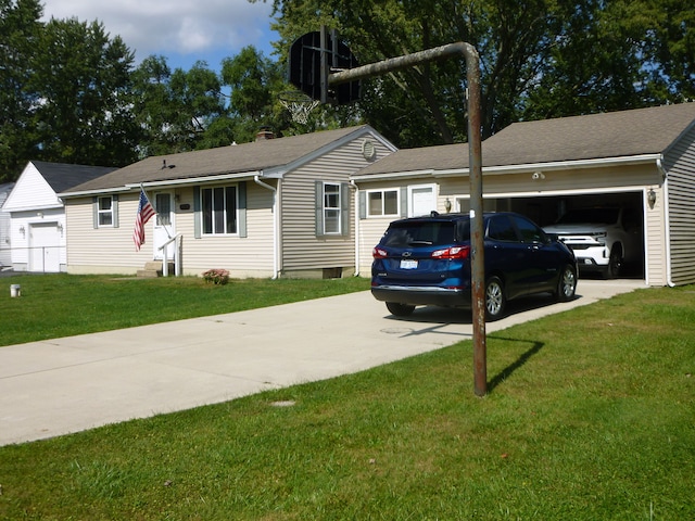 ranch-style house with a front yard and a garage