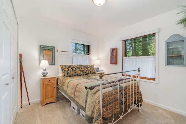 bedroom featuring light colored carpet and a closet