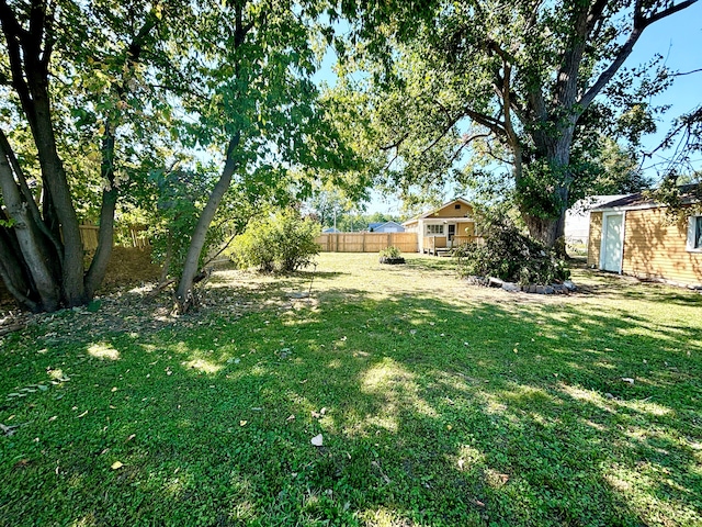 view of yard featuring a storage unit