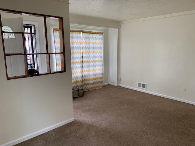 empty room with carpet floors and a textured ceiling